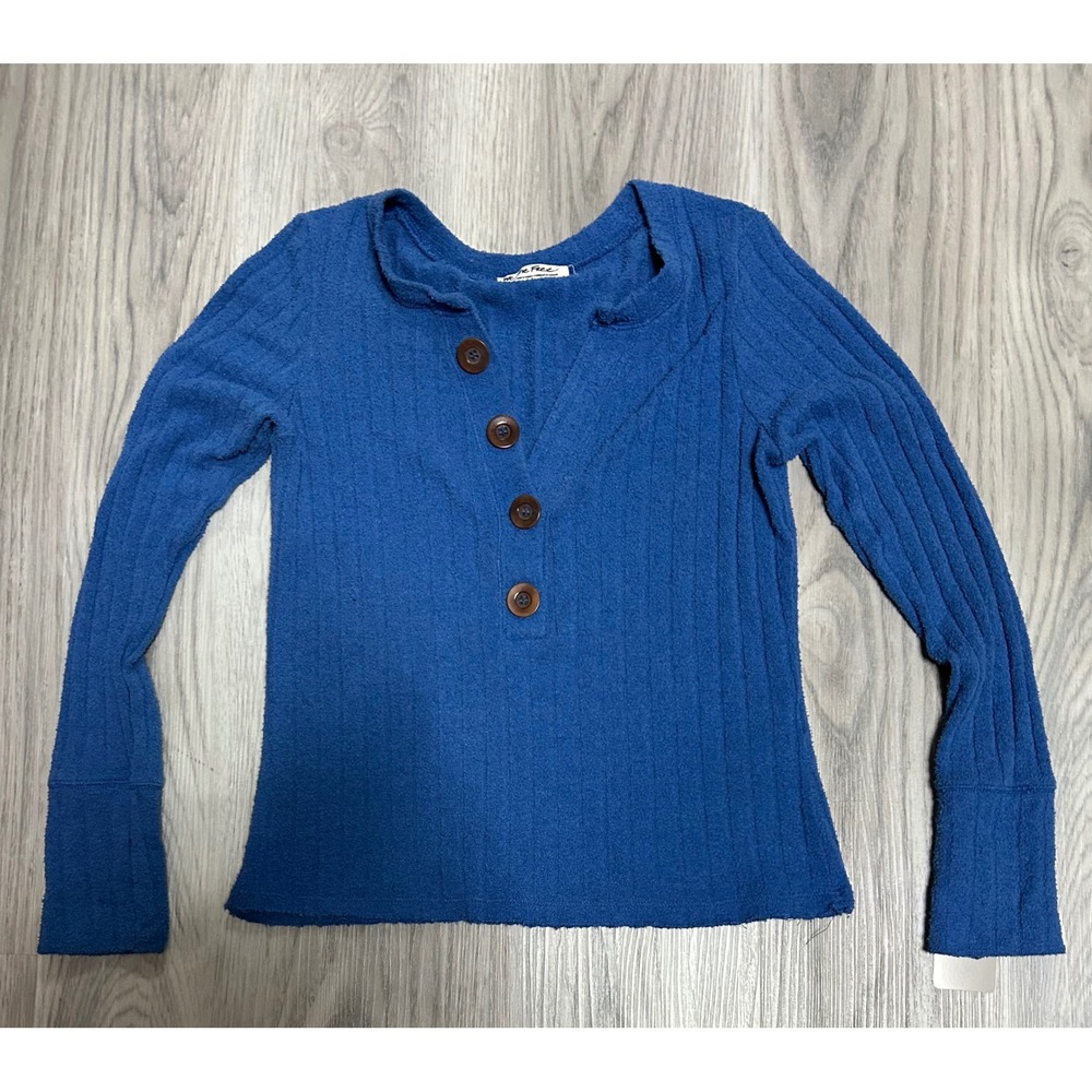Free People We The Free Blue Ribbed Henley Long Sleeve Button Top soft boho m